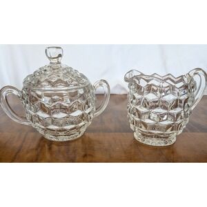 Fostoria American Clear Glass Sugar Bowl with Lid and Creamer Set Vintage Cube